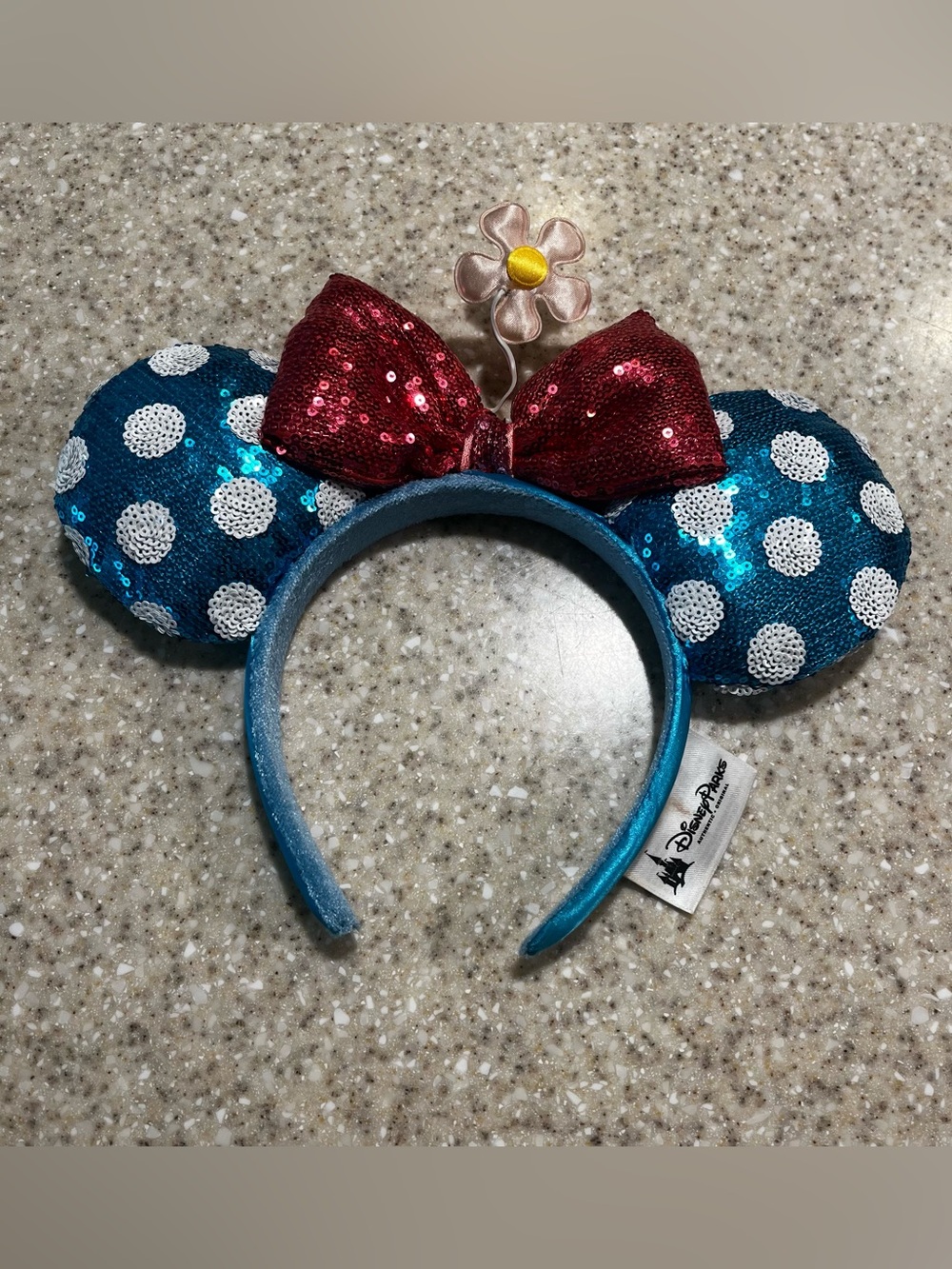 Disney Minnie Mouse Ears with Daisy and Bow Blue with White Polka Dots Headband
